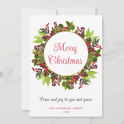 Elegant Merry Christmas Red Berries Holiday Card