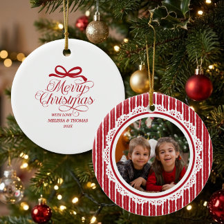 Elegant Merry Christmas Red Bow Stripes Photo Name Ceramic Ornament