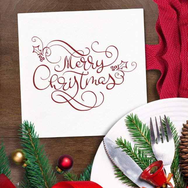 Elegant Merry Christmas Red Fancy Script Napkins (Creator Uploaded)