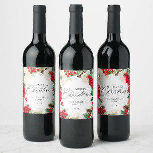Elegant Merry Christmas Red Floral Wine Label