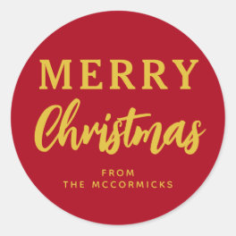 Elegant Merry Christmas Red Gold Script Custom Classic Round Sticker