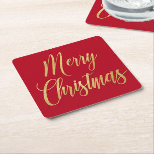 Elegant Merry Christmas Red & Gold Script Simple  Square Paper Coaster