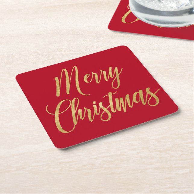 Elegant Merry Christmas Red & Gold Script Simple  Square Paper Coaster (Angled)