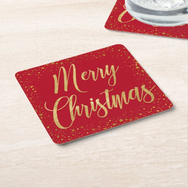 Elegant Merry Christmas Red & Gold Script Stars Square Paper Coaster (Angled)