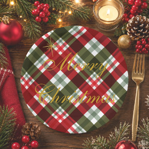 Elegant Merry Christmas Red & Green Tartan Plaid Paper Plates