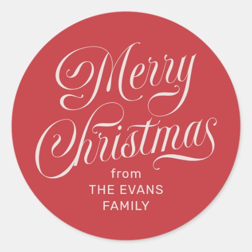 Elegant Merry Christmas red off white holiday Classic Round Sticker