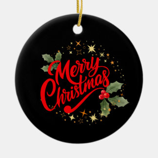 Elegant Merry Christmas Red Script Holly Gold Star Ceramic Ornament