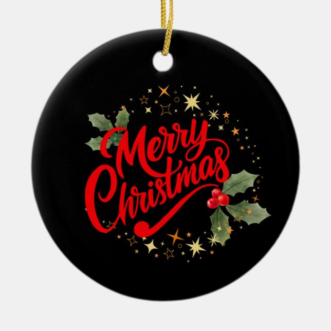 Elegant Merry Christmas Red Script Holly Gold Star Ceramic Ornament (Front)