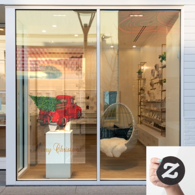 Elegant Merry Christmas Red Truck Pine Tree  Window Cling (Store Window)