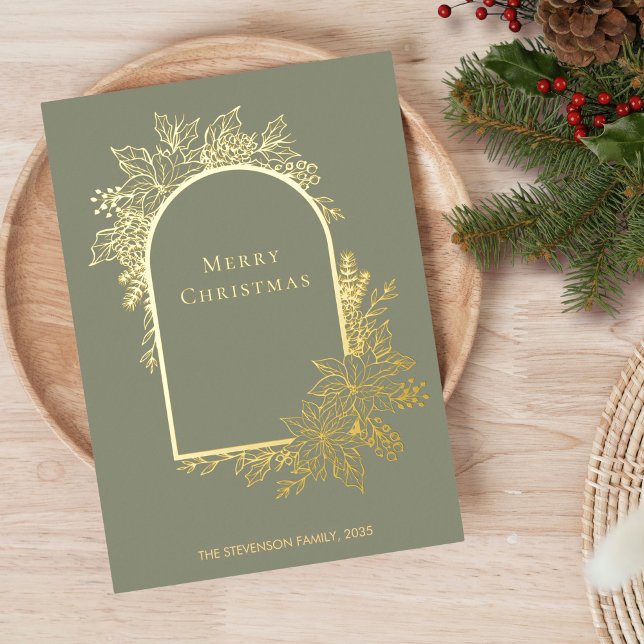 Elegant Merry Christmas Sage Green Gold  Foil Holiday Card (Creator Uploaded)
