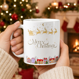 Elegant Merry Christmas Santa Sleigh and Village Coffee Mug