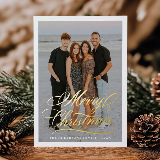 Elegant Merry Christmas Script 2 Photo Foil Holiday Card (Creator Uploaded)