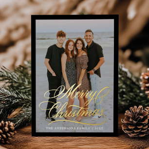 Elegant Merry Christmas Script Black 2 Photo Foil Holiday Card