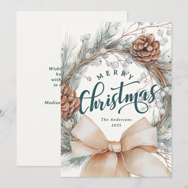 Elegant Merry Christmas Script Botanical Wreath  Holiday Card (Front/Back)