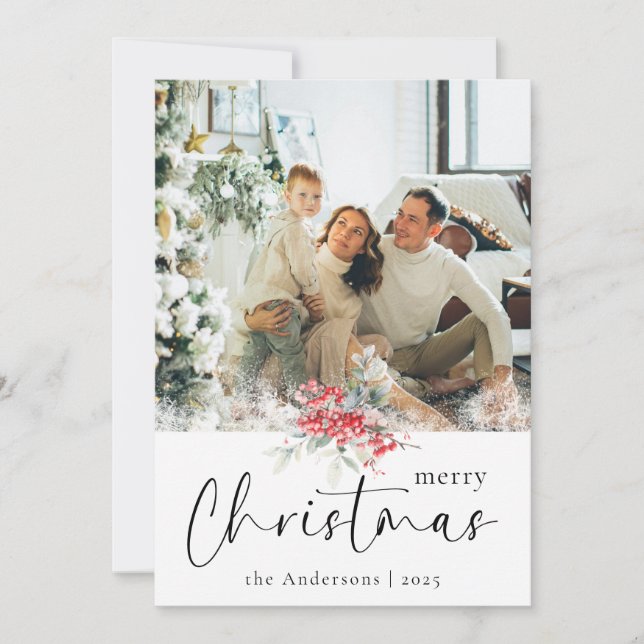 Elegant Merry Christmas Script | Family Photo Holiday Card (Front)
