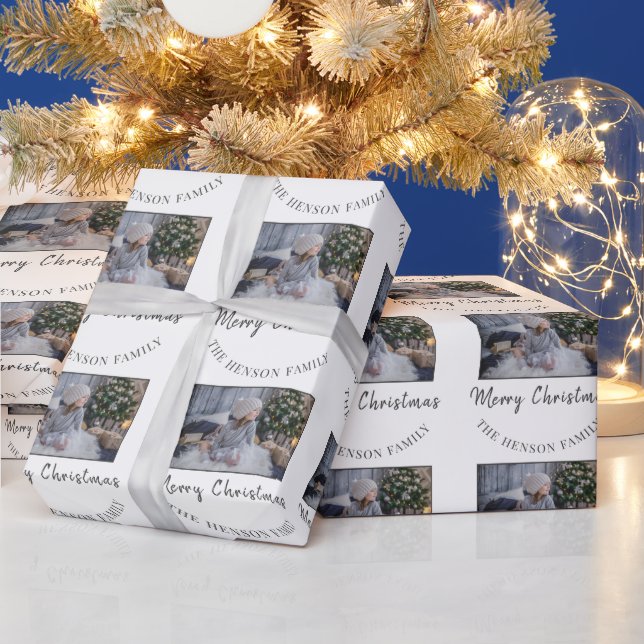 Elegant Merry Christmas Script Family Photo Wrapping Paper (Holidays)