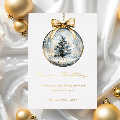 Elegant Merry Christmas Script Gold Ornament Foil Holiday Card
