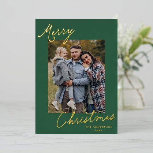 Elegant Merry Christmas Script Green Photo Foil Holiday Card