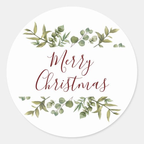 Elegant Merry Christmas Script Greenery Classic Round Sticker