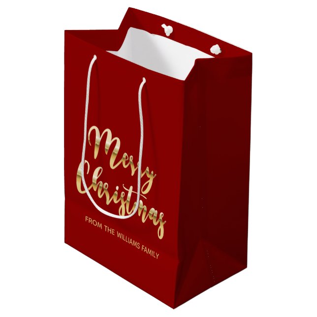 Elegant Merry Christmas script metallic gold red Medium Gift Bag (Front Angled)