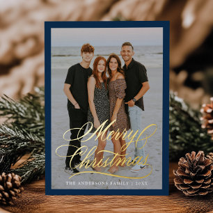 Elegant Merry Christmas Script Navy 2 Photo Foil Holiday Card
