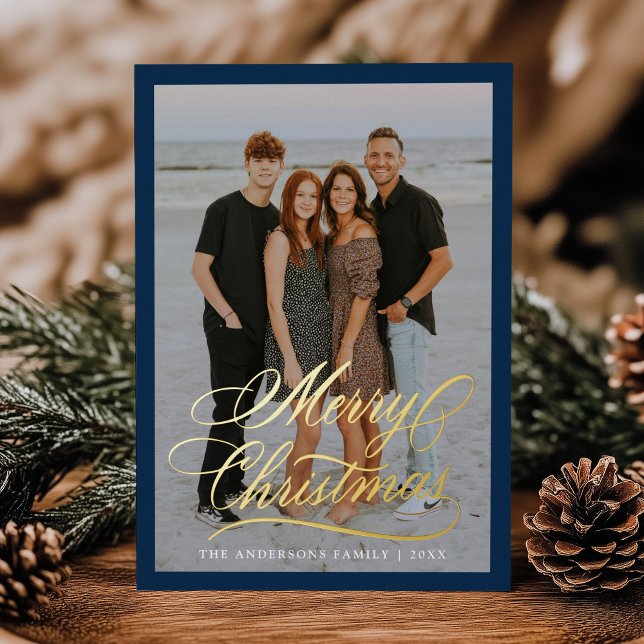 Elegant Merry Christmas Script Navy 2 Photo Foil Holiday Card (Creator Uploaded)