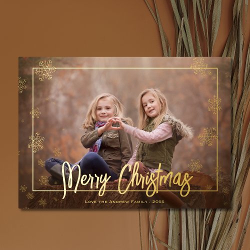 Elegant Merry Christmas Script Photo Foil Holiday Card