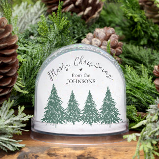 Elegant Merry Christmas Script Pine Trees Snow Globe