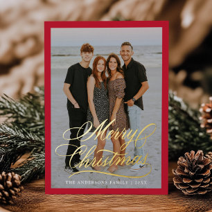 Elegant Merry Christmas Script Red 2 Photo Foil Holiday Card
