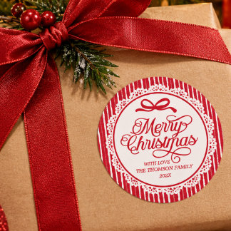 Elegant Merry Christmas Script Red Bow Stripes Classic Round Sticker