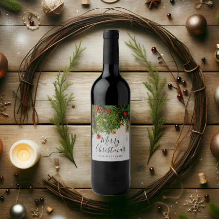 Elegant Merry Christmas Script Rustic Wood Wine Label