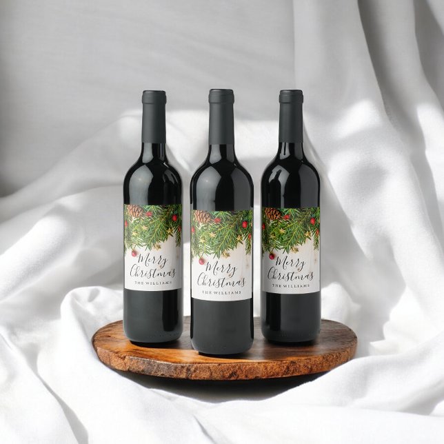 Elegant Merry Christmas Script Rustic Wood Wine Label (Creator Uploaded)