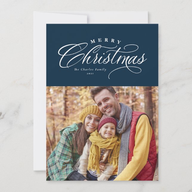 Elegant Merry Christmas script simple navy Holiday Card (Front)