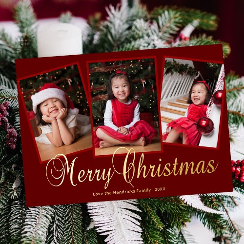 Elegant Merry Christmas Script Three Photo Foil Holiday Card