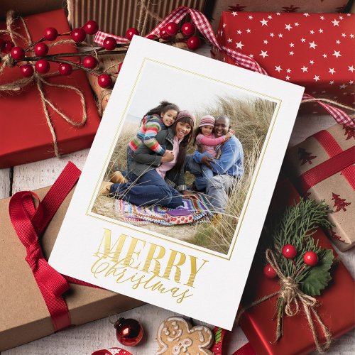 Elegant Merry Christmas Script Two Photo Foil Holiday Postcard