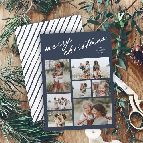 Elegant Merry Christmas Script Typography 7 Photo  Holiday Card