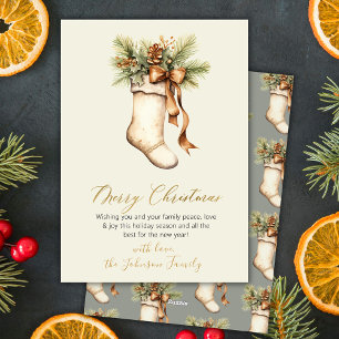 Elegant Merry Christmas Script Watercolor Stocking Holiday Card
