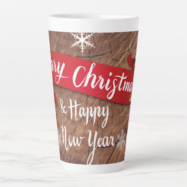 Elegant Merry Christmas Script White Snowflakes Latte Mug (Front)