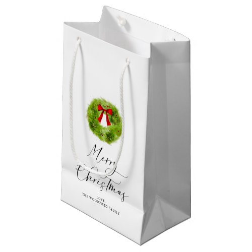 Elegant Merry Christmas Script Wreath Small Gift Bag