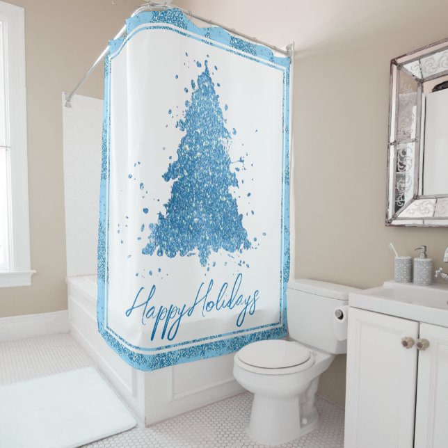 Elegant Merry Christmas | Sky Robin Blue Splatter Shower Curtain (In Situ)