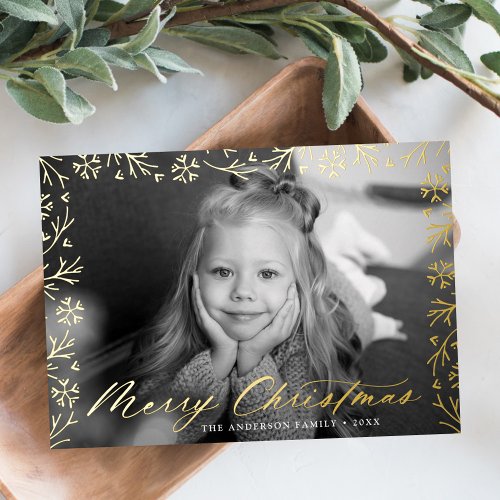 Elegant Merry Christmas Snowflake Frame Photo Foil Holiday Card