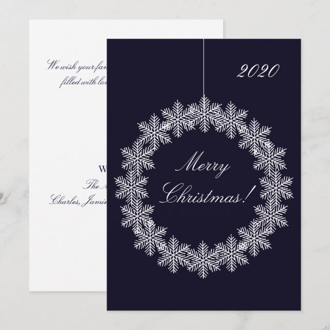 Elegant Merry Christmas Snowflake Wreath Ornament Holiday Card (Front/Back)