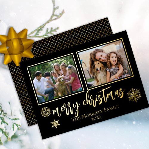 Elegant Merry Christmas Snowflakes 2 Photo Foil Holiday Card