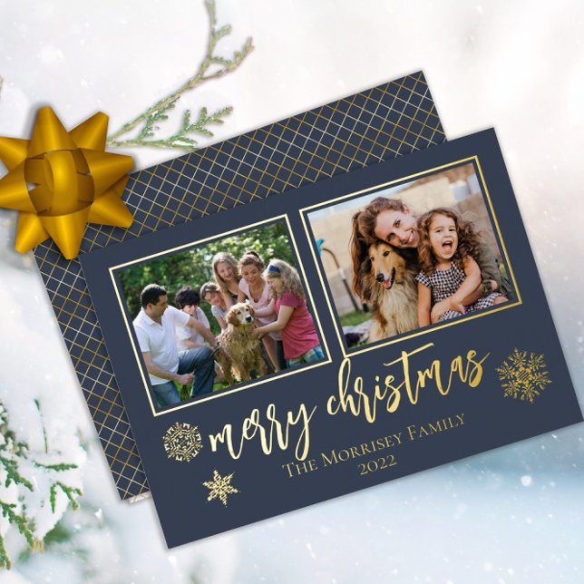 Elegant Merry Christmas Snowflakes 2 Photo Foil Holiday Card (Creator Uploaded)