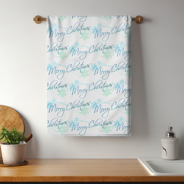 Elegant Merry Christmas Snowflakes Blue Kitchen Towel (Creator Uploaded)