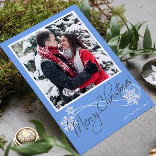Elegant Merry Christmas Snowflakes Blue Photo Holiday Card