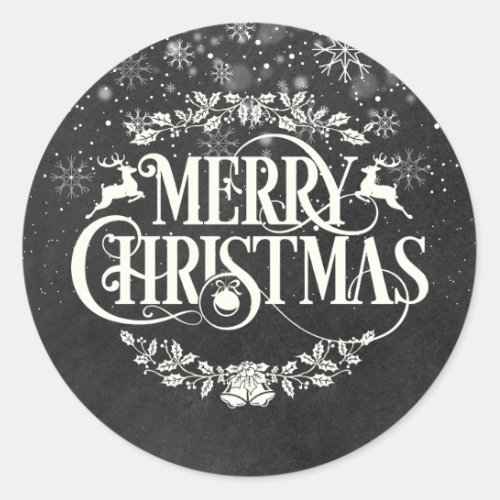 Elegant Merry Christmas Snowflakes Chalkboard Classic Round Sticker