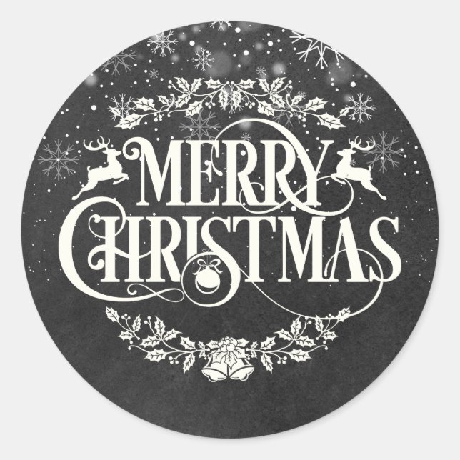 Elegant Merry Christmas Snowflakes Chalkboard Classic Round Sticker (Front)