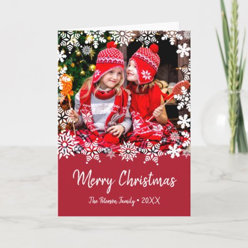 Elegant Merry Christmas snowflakes custom photo Card