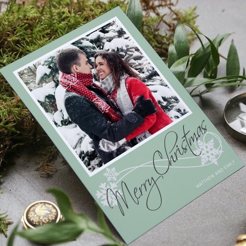 Elegant Merry Christmas Snowflakes Green Photo Holiday Card